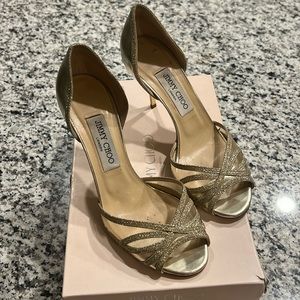 Jimmy Choo “Mulan” Glitter Trim Open Toe Heel